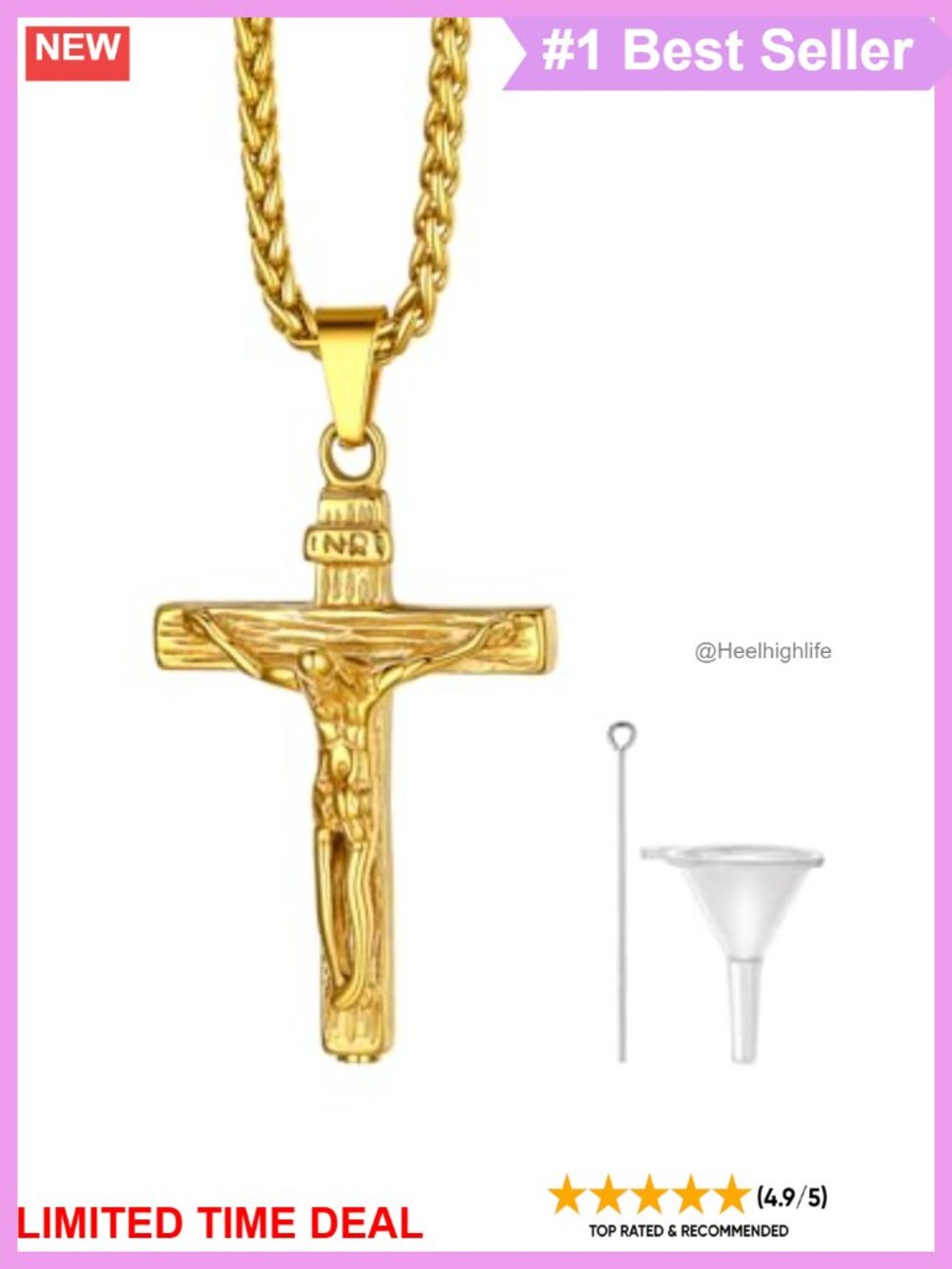 Stainless Steel Gold Plated INRI Cross Urn Necklace Ashes Keepsake Pendant